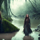 Two Women with Long Hair in Misty Forest Water Scene