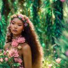 Woman with floral crown and bouquet in sunlit forest exudes serene aura