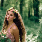 Woman in Floral Crown Surrounded by Pink Blooms and Greenery