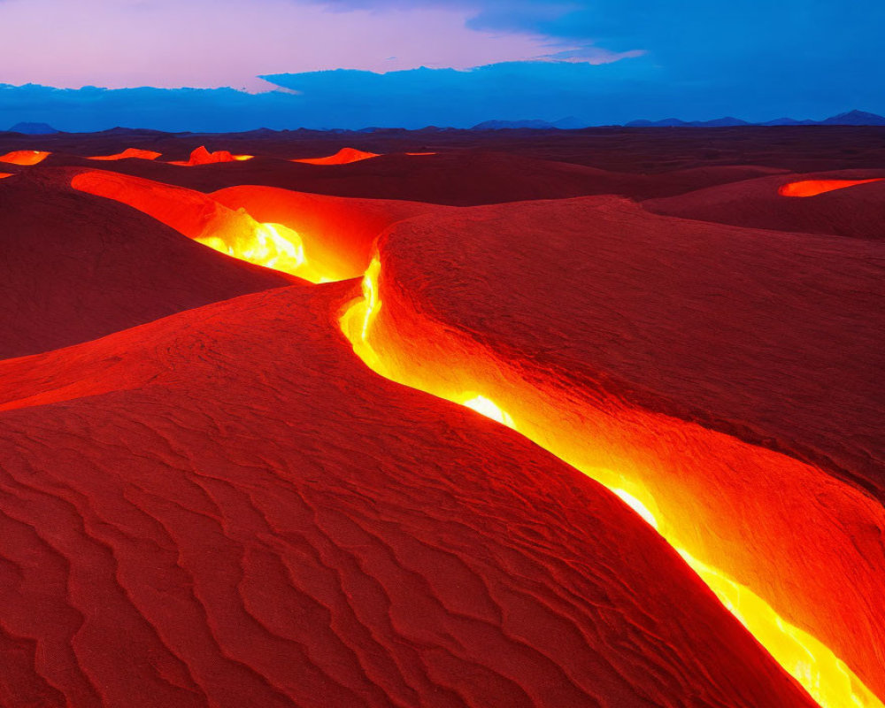 Vibrant Red and Blue Hues of Molten Lava Flowing Through Twilight Sky