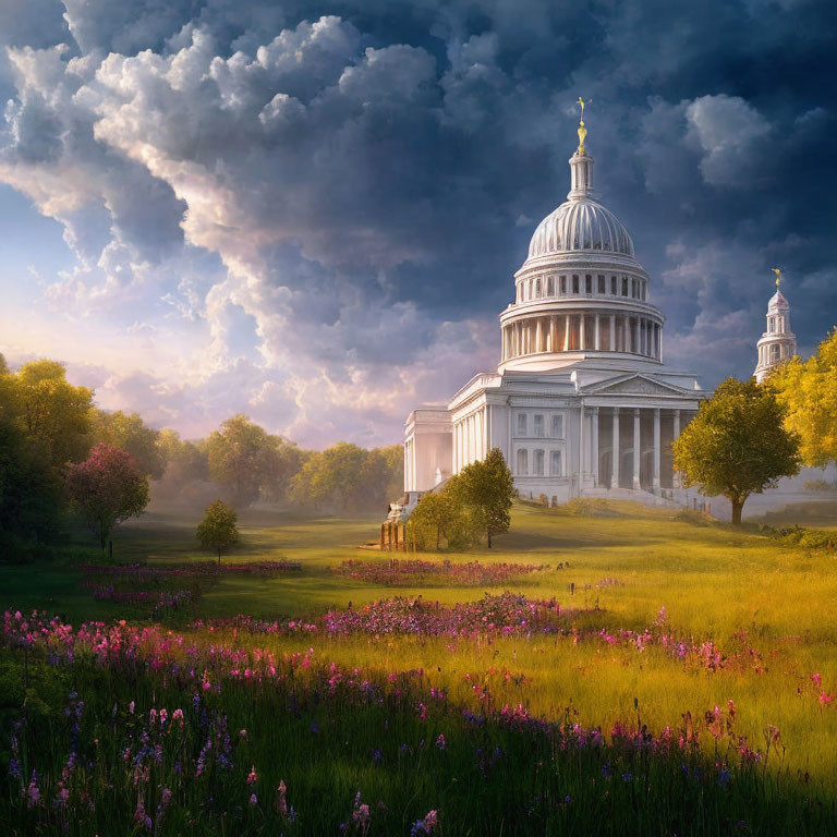 Majestic capitol building with large dome in scenic landscape