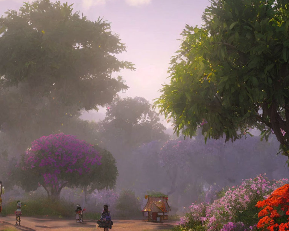 Tranquil rural path with bikers, lush trees, and misty ambiance