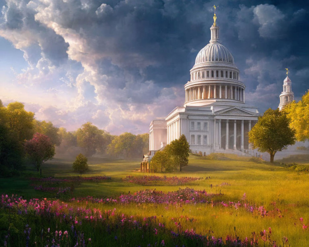 Majestic capitol building with large dome in scenic landscape