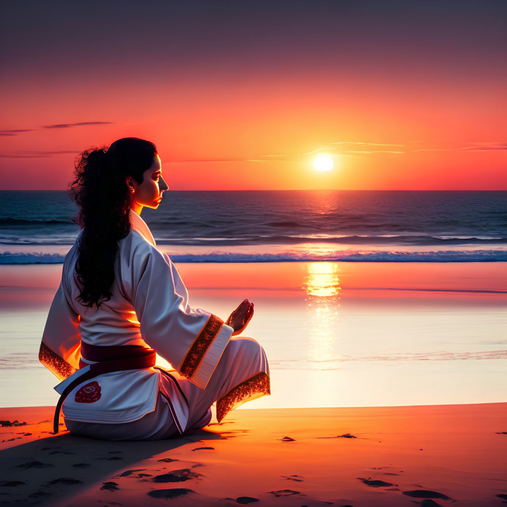 Karate practitioner meditating on beach at sunset