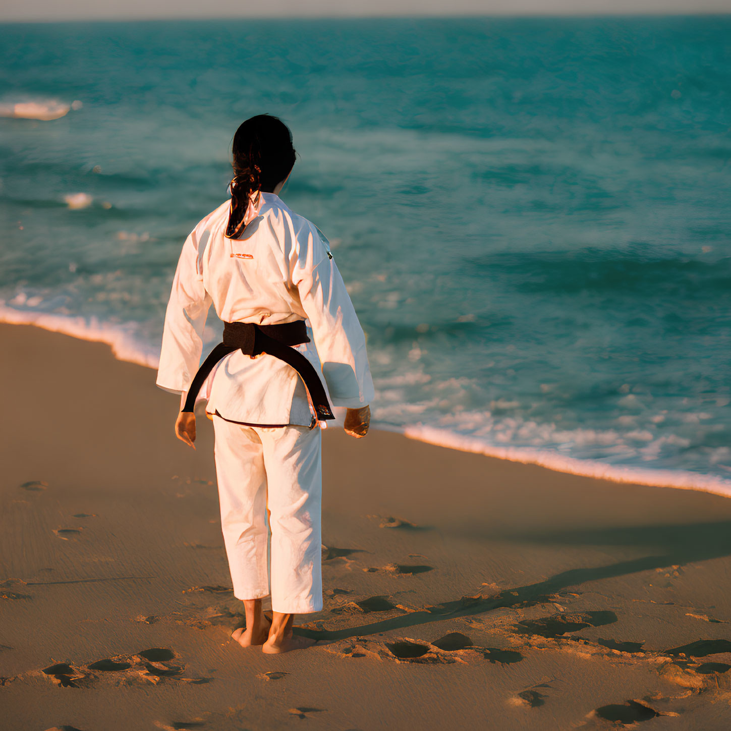 Karate practitioner in white uniform with black belt on sandy beach.