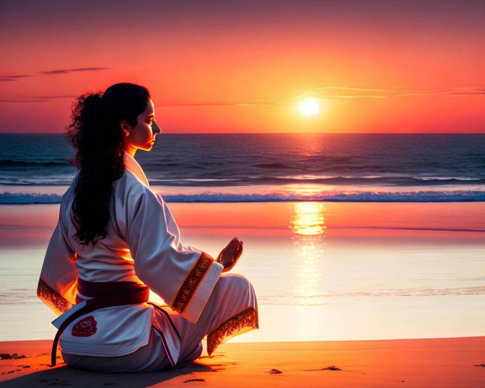 Karate practitioner meditating on beach at sunset