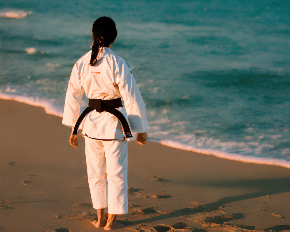 Karate practitioner in white uniform with black belt on sandy beach.