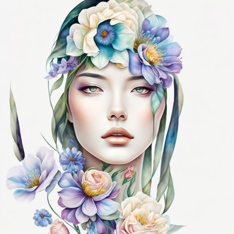 Woman with Floral Headdress and Pastel Flowers Illustration