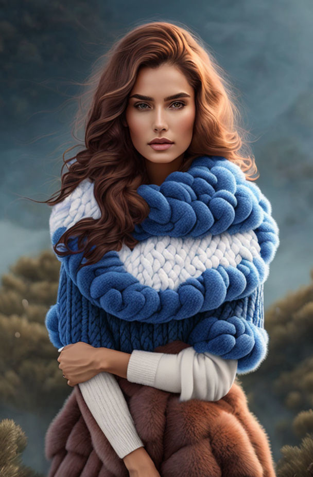 Curly-Haired Woman in Blue & White Scarf with Fur Coat in Misty Forest