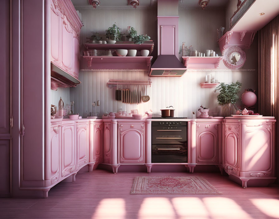 Vintage Pink-Themed Kitchen with Ornate Cabinets & Matching Appliances