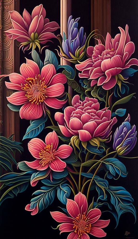 Detailed Digital Painting of Pink and Purple Flowers on Dark Background