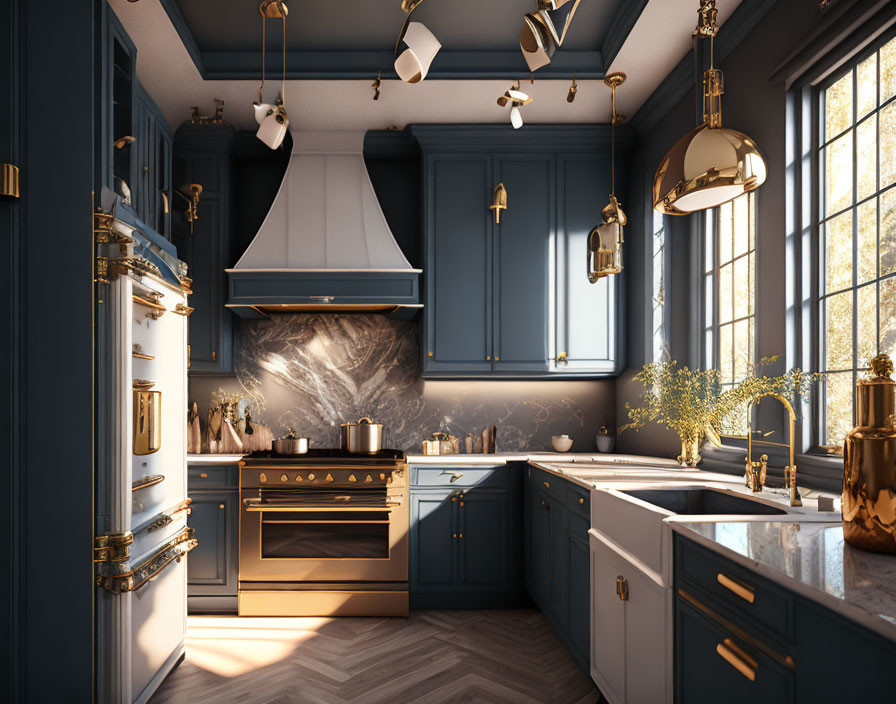 Elegant kitchen with blue cabinets, marble countertops, gold accents, modern appliances, and ample natural light