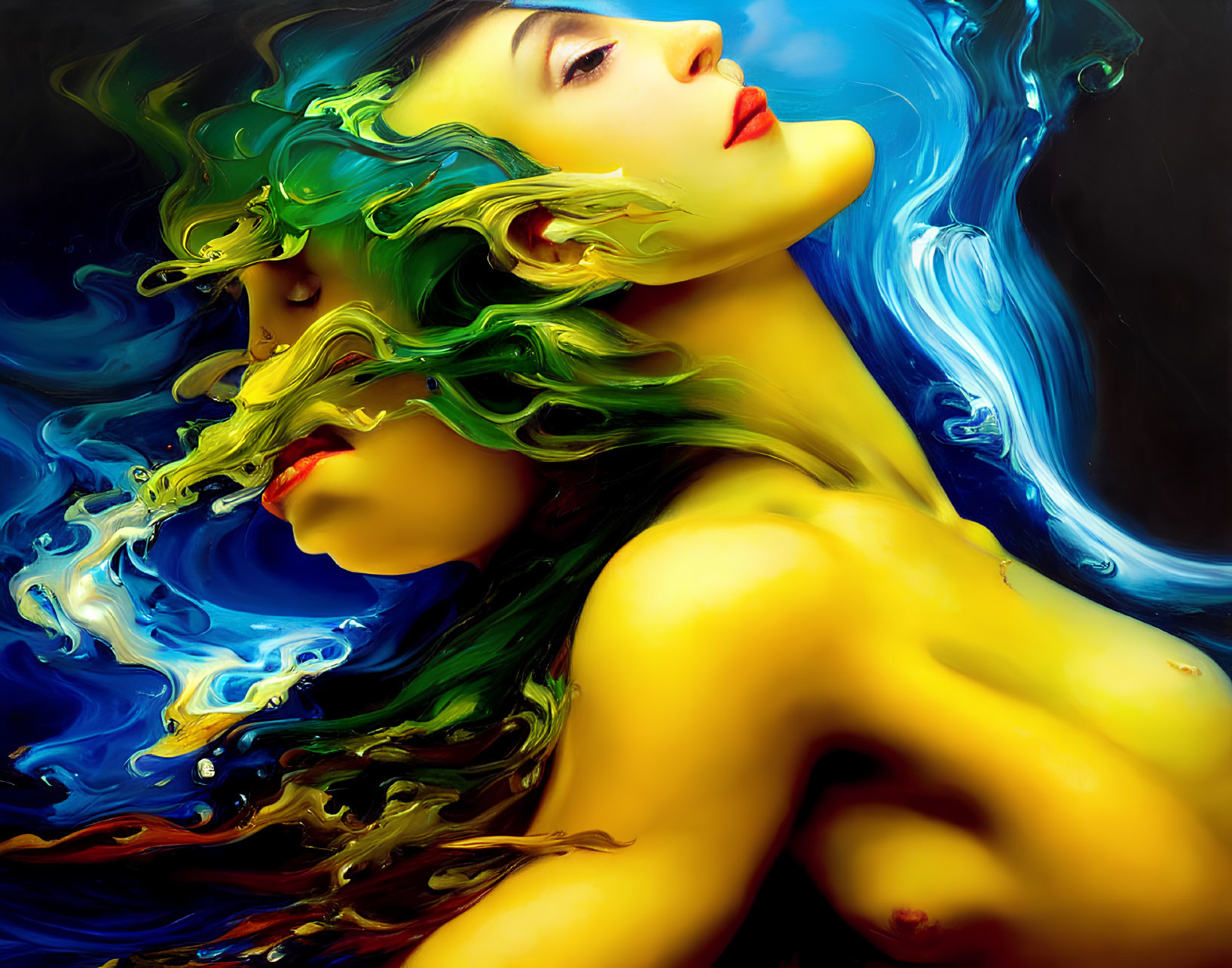 Vibrant artwork: Woman with flowing green and blue hair on dark backdrop