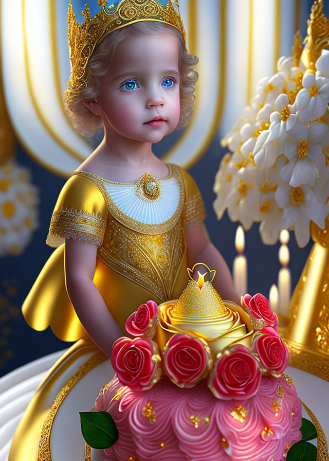 Digital Artwork: Young Child in Royal Attire with Crown and Rose-Adorned Cake