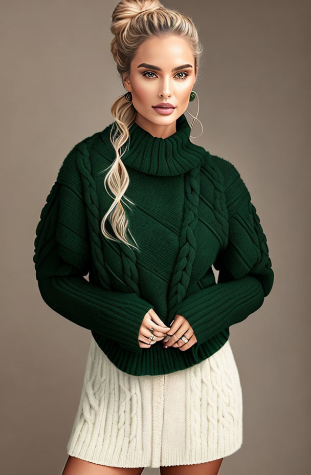 Blonde woman in green sweater and white skirt with hoop earrings