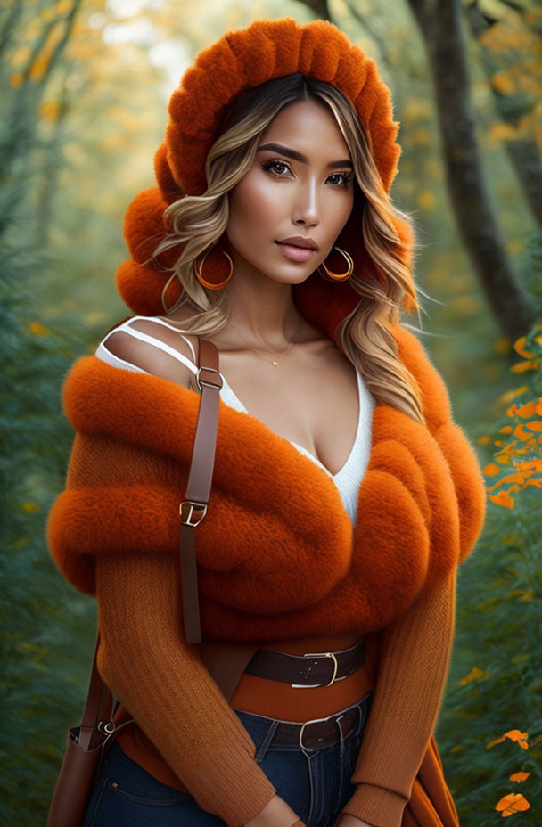 Woman with wavy hair, white top, orange scarf, hoop earrings, brown belt against autumn backdrop