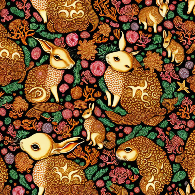 Vibrant rabbit pattern with intricate flora on dark background