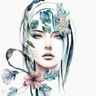 Woman with Floral Headdress and Pastel Flowers Illustration