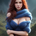 Curly-Haired Woman in Blue & White Scarf with Fur Coat in Misty Forest