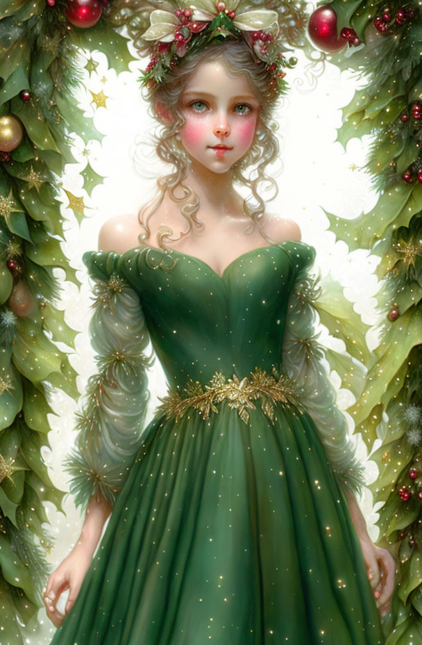 Digital artwork: Young woman with curly hair in green festive dress against Christmas garland