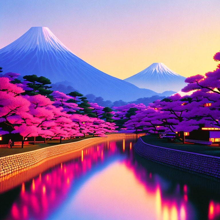 Cherry blossoms, waterway, Mount Fuji: serene dusk scene