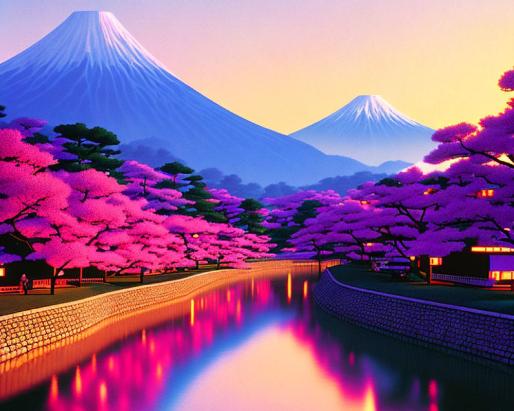 Cherry blossoms, waterway, Mount Fuji: serene dusk scene