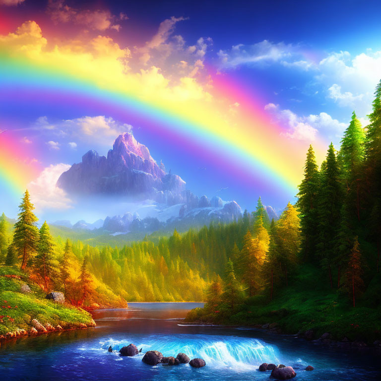 Double rainbow over forest, river, and mountains in vibrant landscape