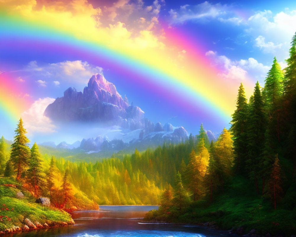 Double rainbow over forest, river, and mountains in vibrant landscape