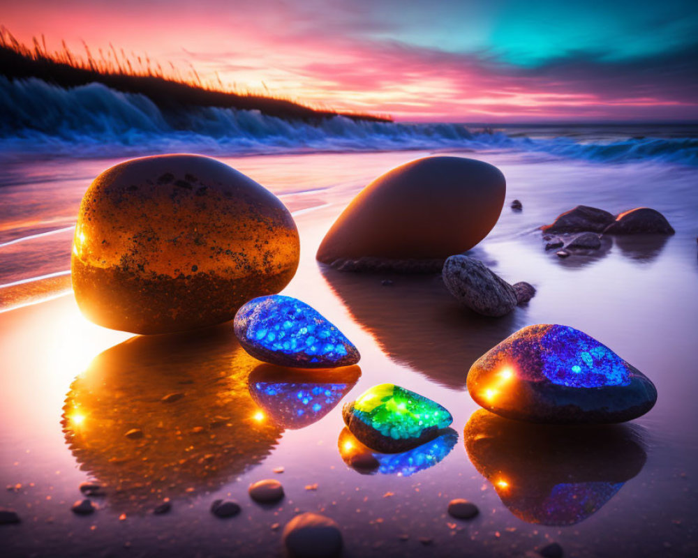 Vibrant sunset beach scene with colorful stones and gentle waves