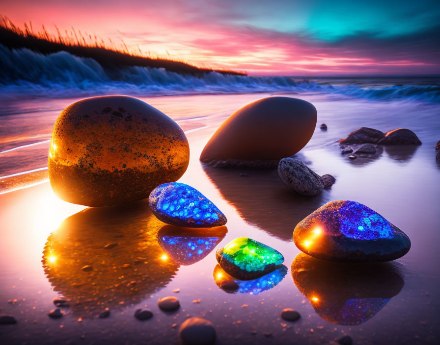 Vibrant sunset beach scene with colorful stones and gentle waves