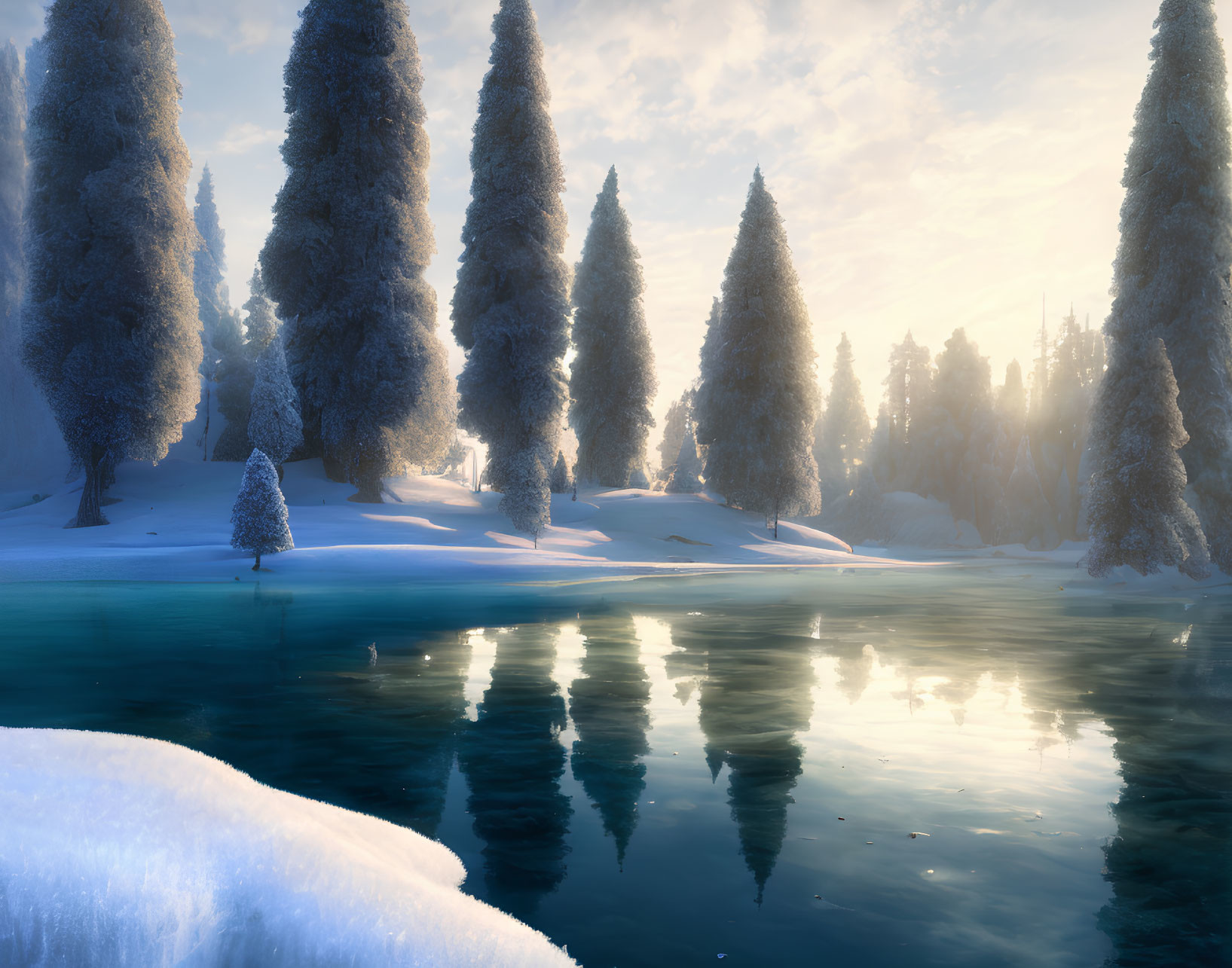 Frost-covered trees and clear lake in serene winter sunrise