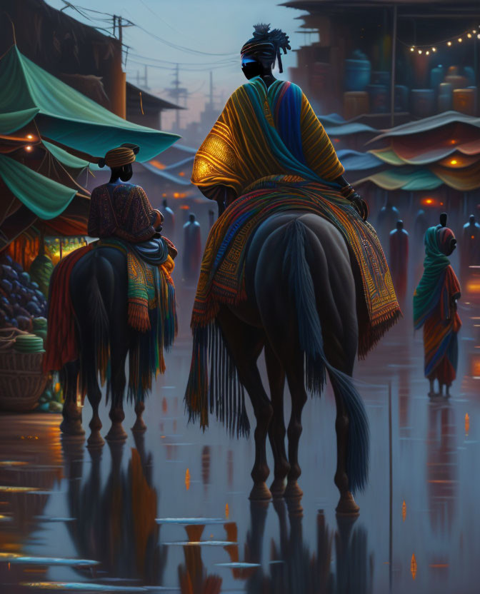 Colorful Traditional Garments: Two Riders on Horses in Vibrant Market Street