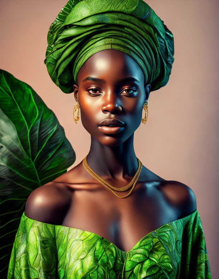 Elegant woman in green headwrap and attire with golden accessories against warm leafy backdrop