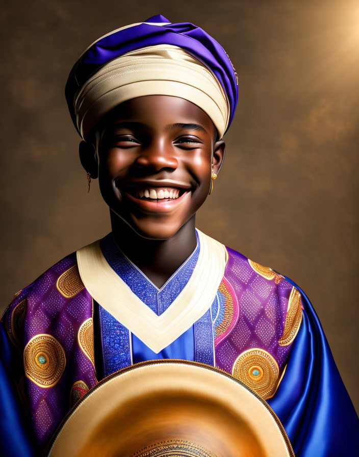 Smiling person in blue and purple traditional outfit with hat on golden background