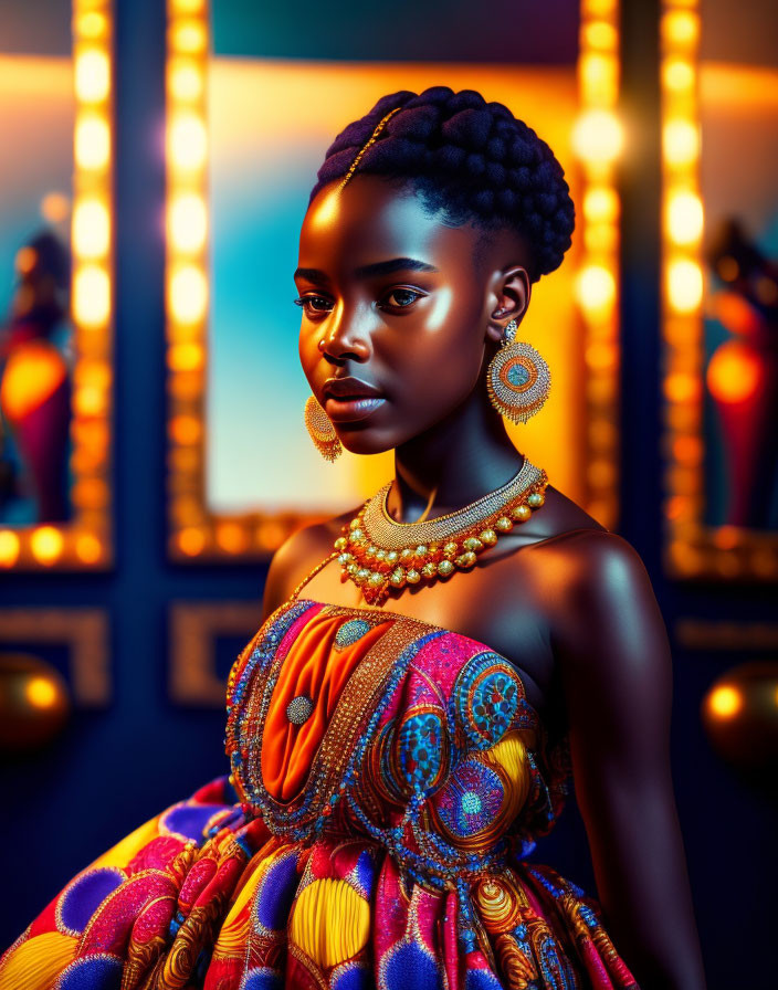 Elaborate braids and golden jewelry on woman in African print dress with mirrors.