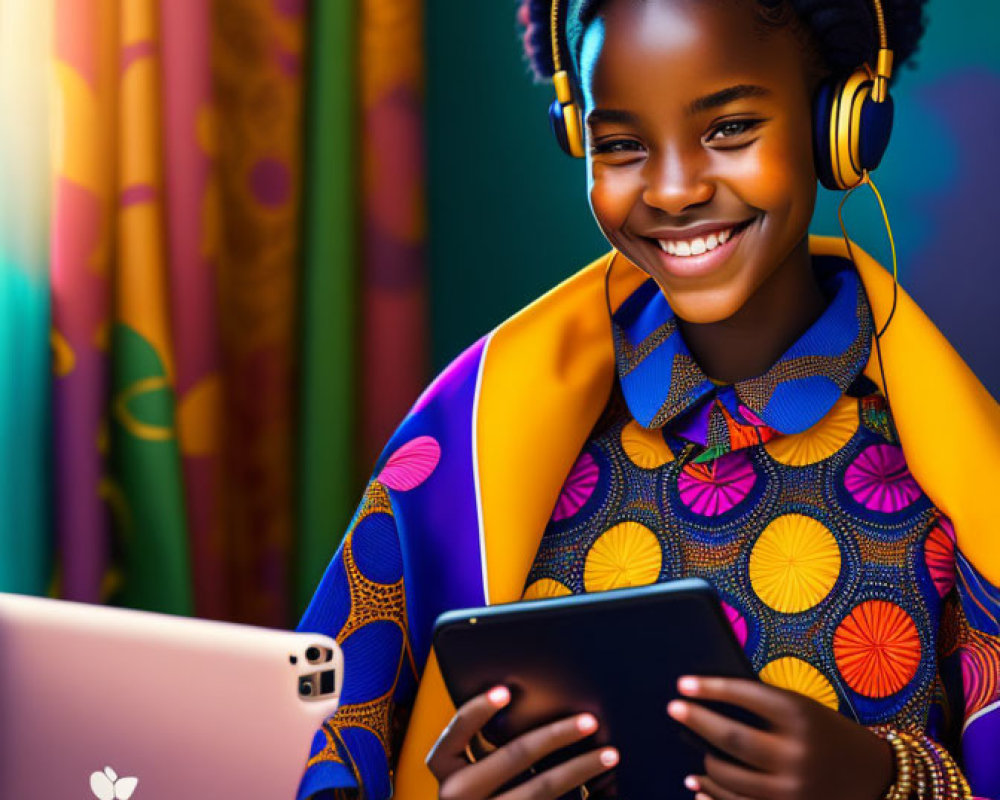 Smiling person in traditional attire with headphones and tech devices on colorful background