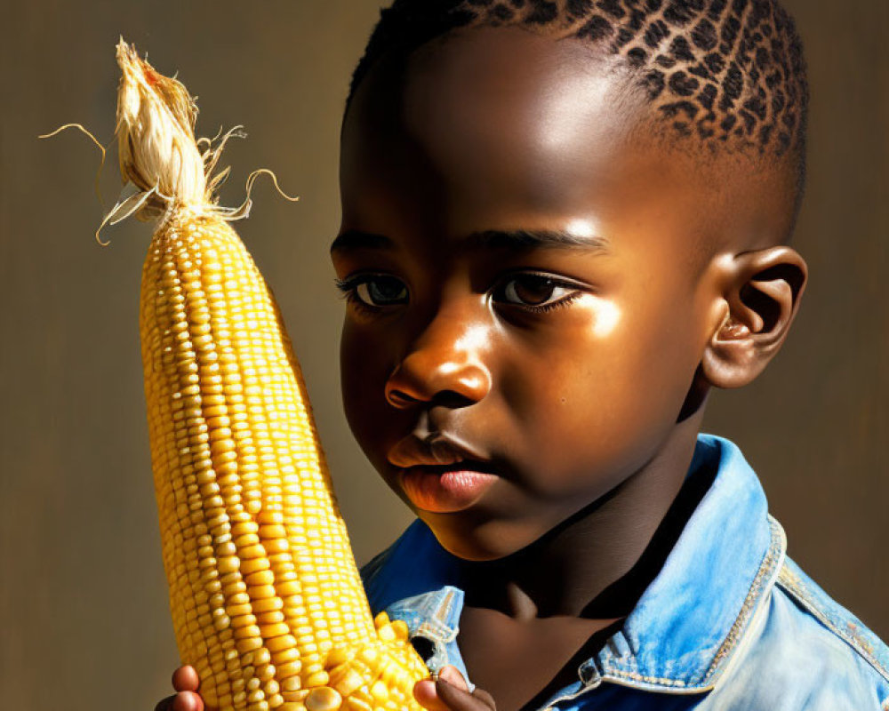 Child with Patterned Haircut Holding Corn Ear on Dark Background