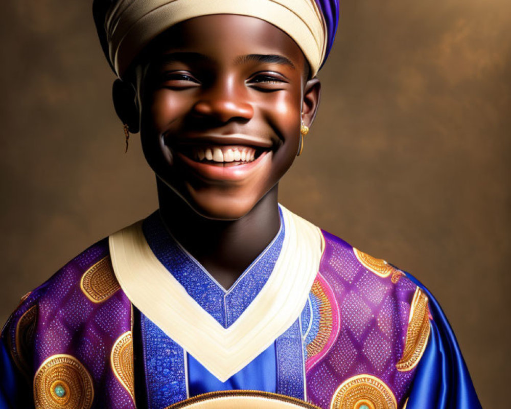 Smiling person in blue and purple traditional outfit with hat on golden background