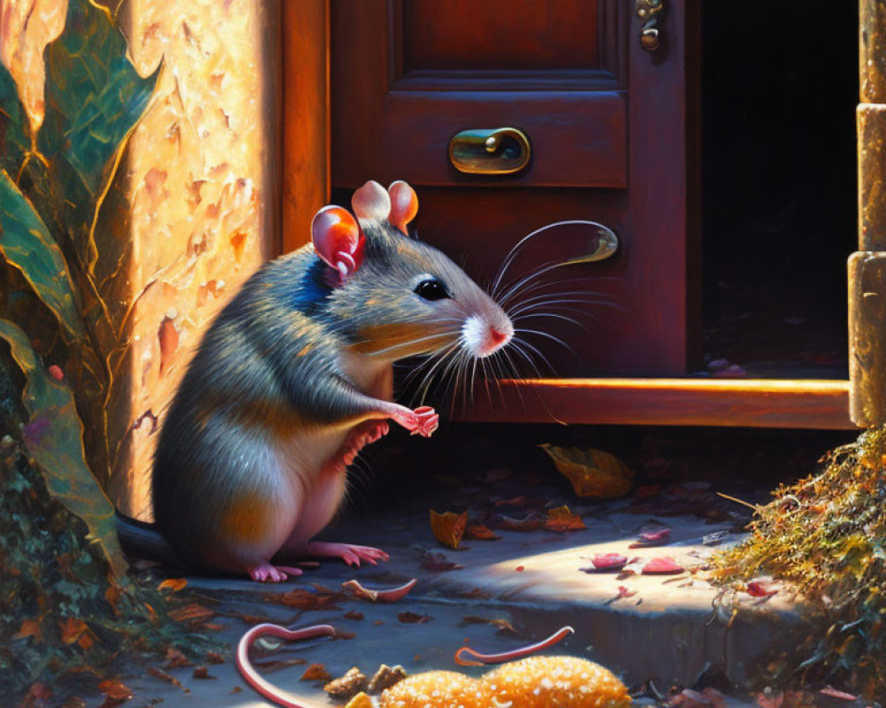 Realistic painting of rat in sunlight near open door with fallen leaves and scattered food