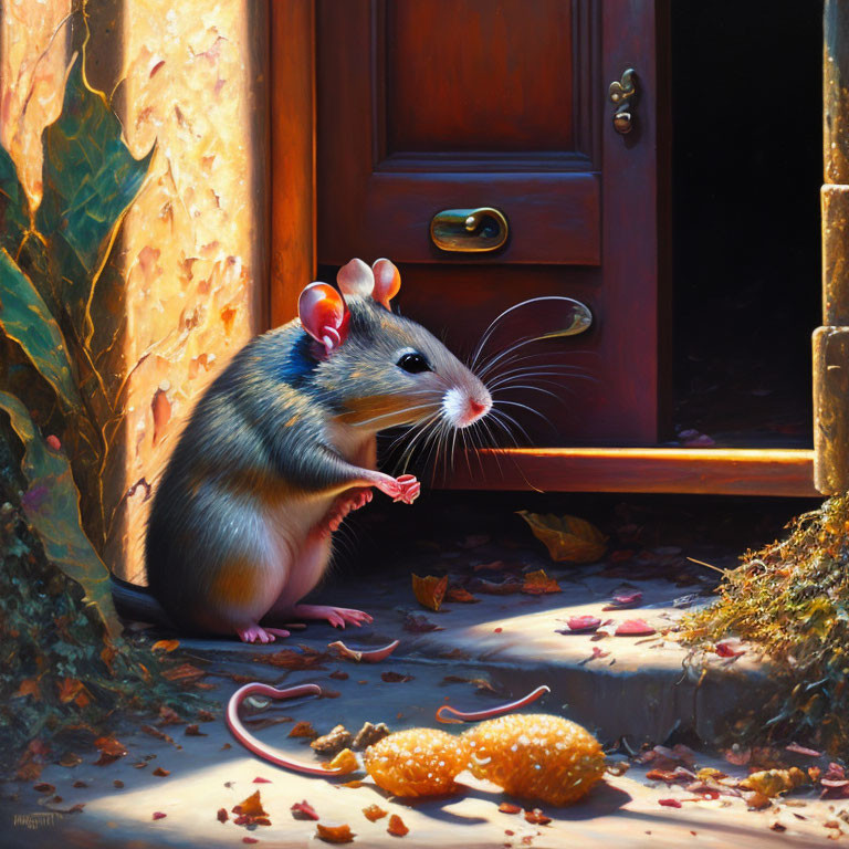 Realistic painting of rat in sunlight near open door with fallen leaves and scattered food
