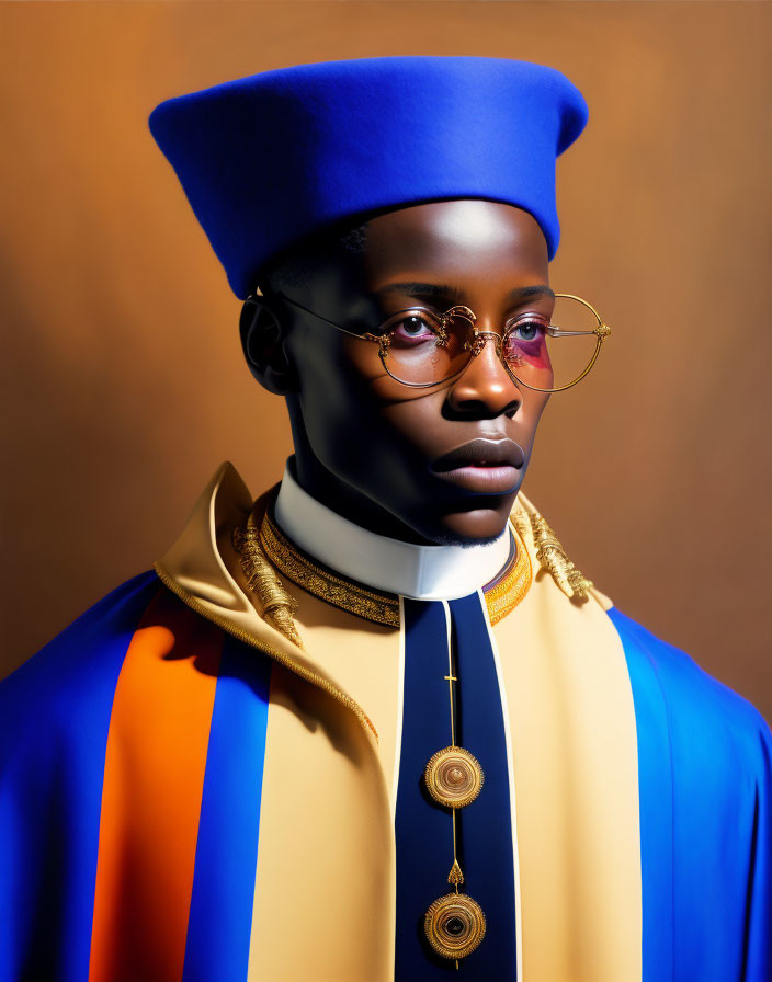 Person in Blue Hat with Gold-Trimmed Cloak and Striped Garment, Round Glasses,