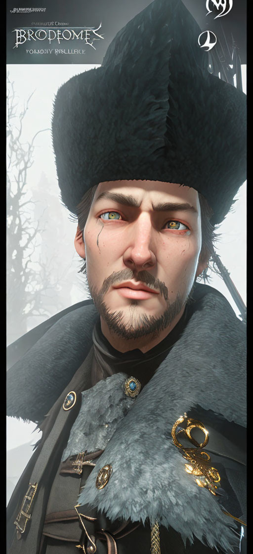 Man with Fur Hat, Green Eyes, and Beard in Military Coat on Snowy Background
