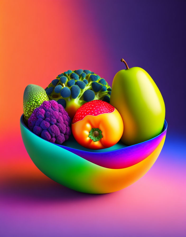 Vibrant digital art: Rainbow bowl with stylized fruits on colorful background