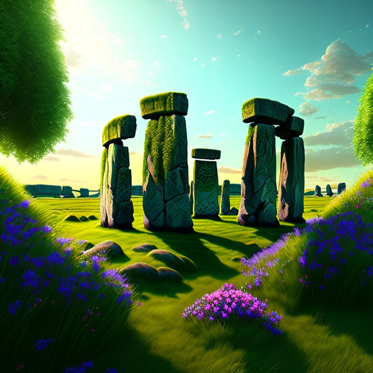 Stylized Stonehenge Scene with Greenery and Purple Flowers