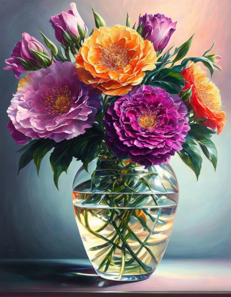 Colorful Peonies Bouquet in Glass Vase on Gradient Background