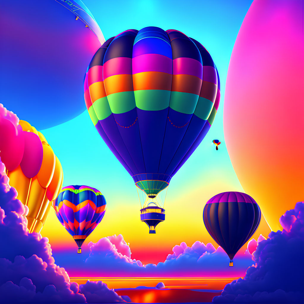 Vibrant hot air balloons in surreal sky with fluffy clouds and mirror-like water