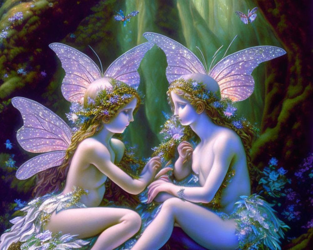 Iridescent-winged fairies sharing a flower in mystical forest