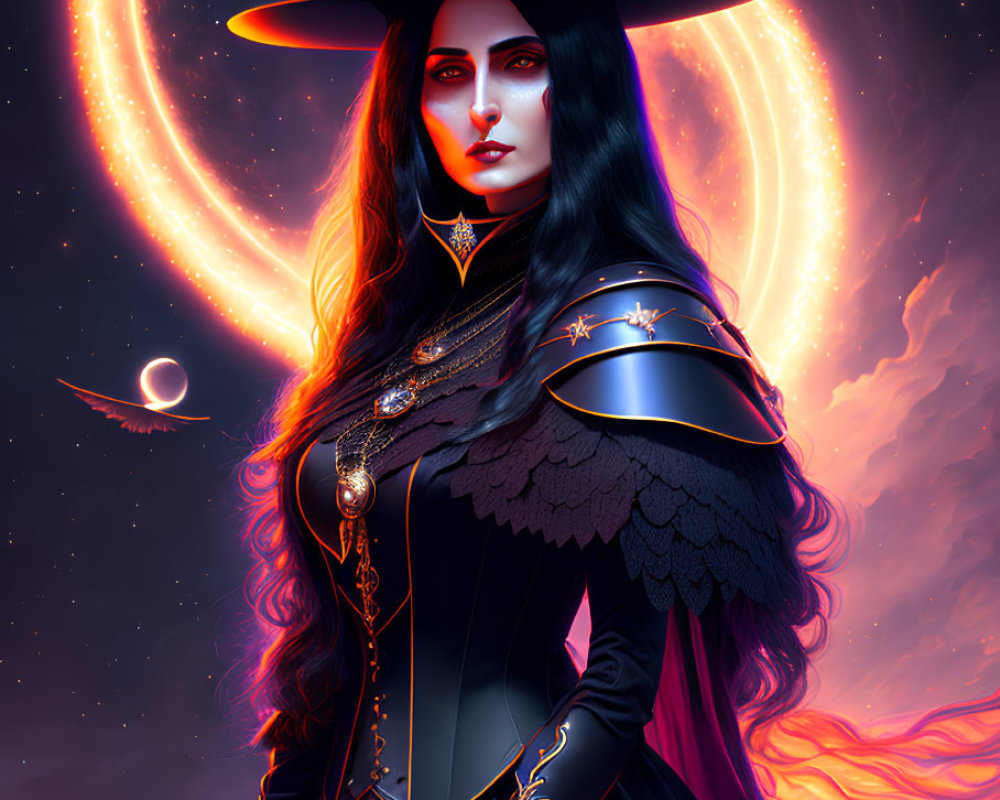 Digital illustration: Witch in ornate hat and armor with wand, cosmic backdrop