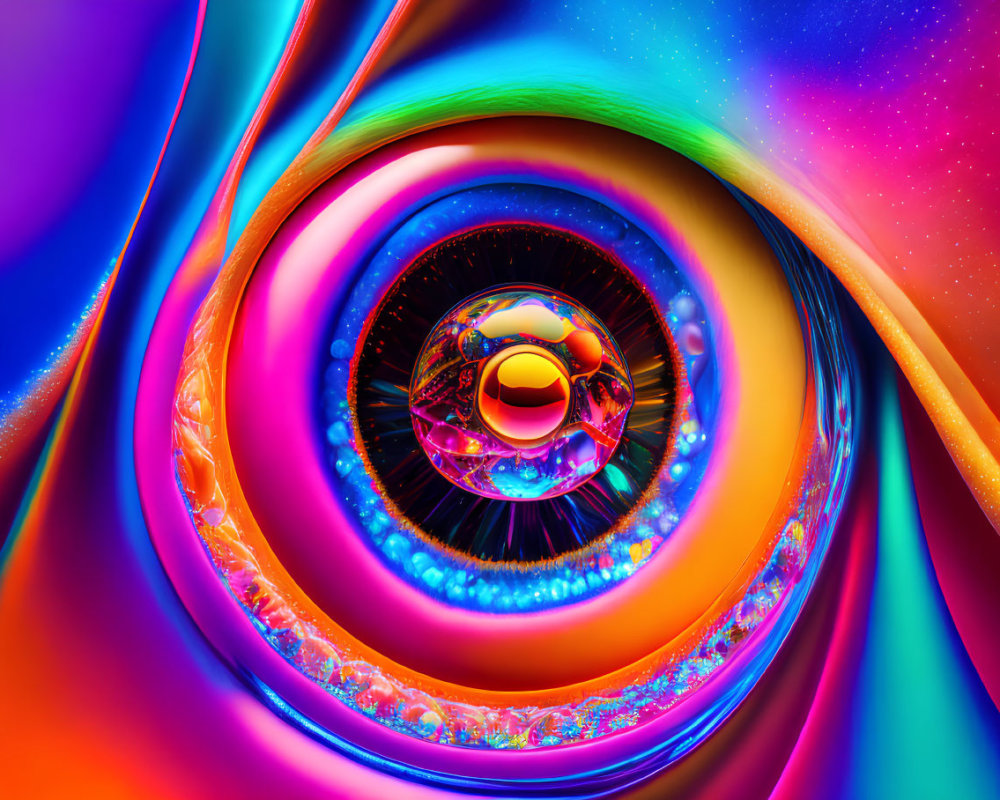 Colorful Swirl Digital Artwork with Eye-Like Center and Rainbow Backdrop