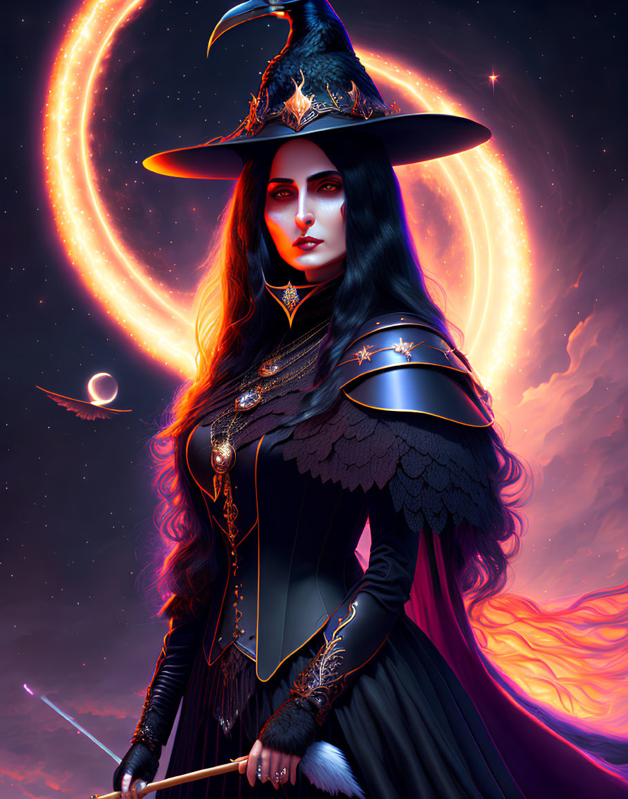 Digital illustration: Witch in ornate hat and armor with wand, cosmic backdrop